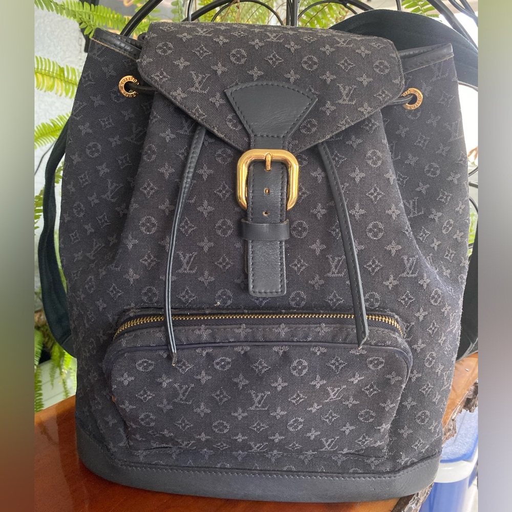 LOUIS VUITTON Monogram Mini Lin Montsouris GM Backpack Blue W/COA